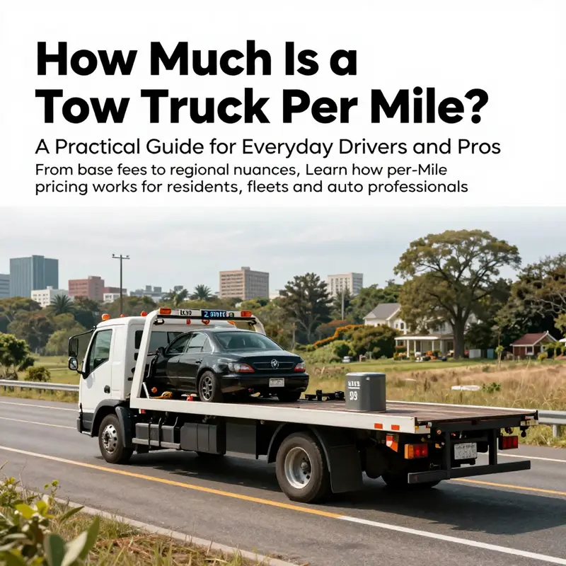 Tow truck at a roadside with pricing indicators showing base fees and per-mile rates.