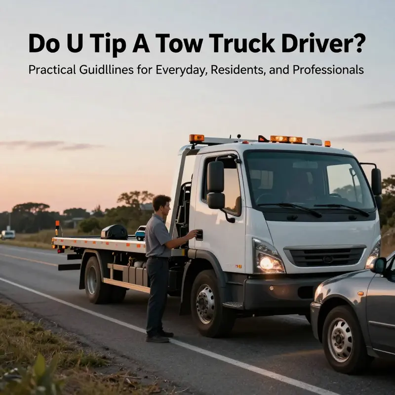Tow truck on a quiet road at dusk, with a professional interaction between driver and motorist, illustrating tipping etiquette.
