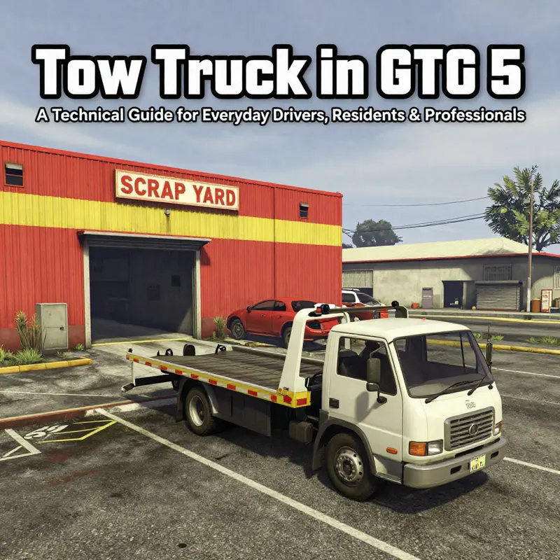 Tow truck located at the San Fierro Vehicle Yard near the Scrap Yard building.