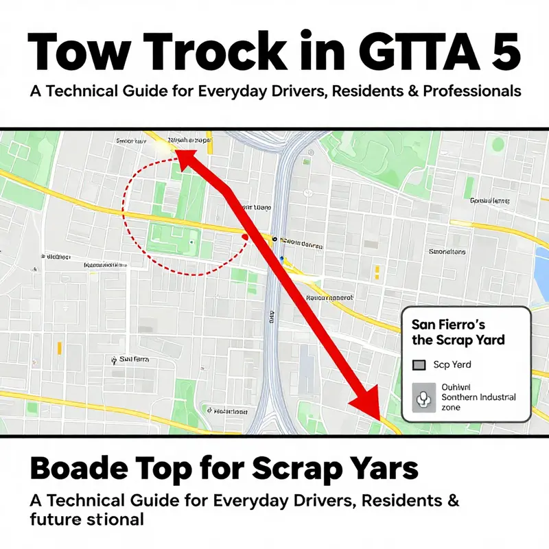 Tow truck located at the San Fierro Vehicle Yard near the Scrap Yard building.