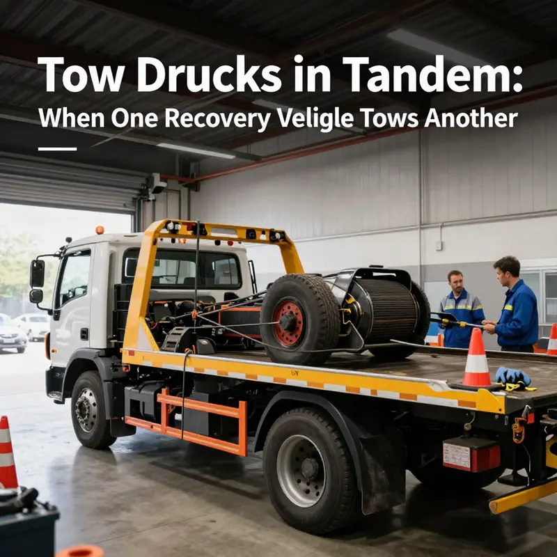 A tow truck engages a disabled companion in a controlled shop setting, illustrating safety protocols and readiness checks.