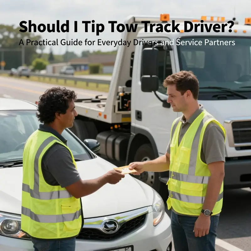 Etiquette cues and tipping norms unfold during a roadside tow interaction.