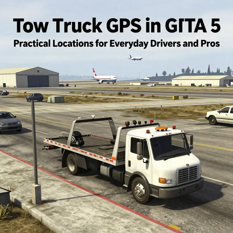 Tow truck stationed near the Los Santos International Airport, a reliable primary spawn point in La Puerta.
