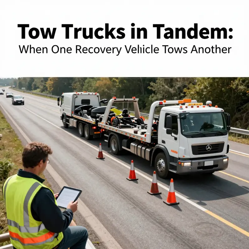 A tow truck engages a disabled companion in a controlled shop setting, illustrating safety protocols and readiness checks.