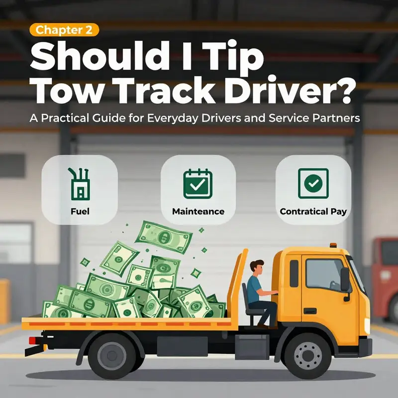 Etiquette cues and tipping norms unfold during a roadside tow interaction.