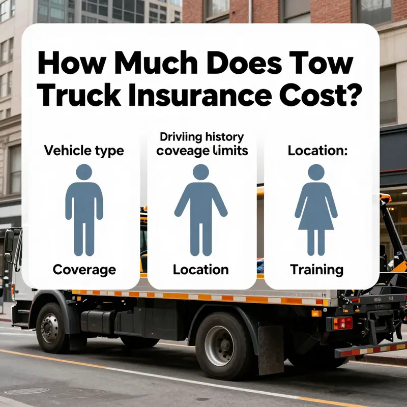 Tow truck insurance cost ranges and baseline coverage illustrated with documents and a pricing scale.