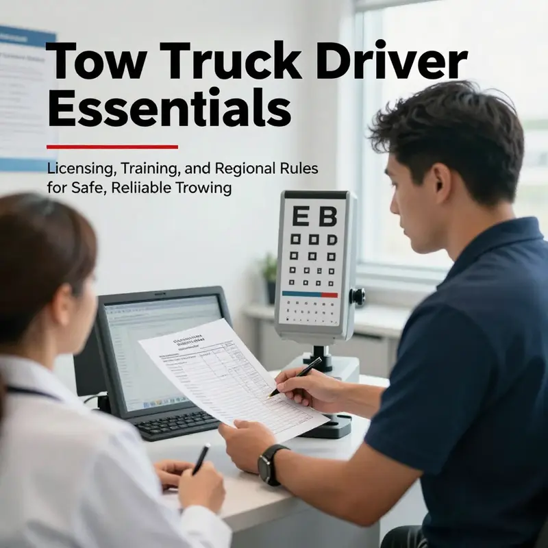 Tow operator demonstrates licensing, certification, and training credentials in a well-equipped workshop.