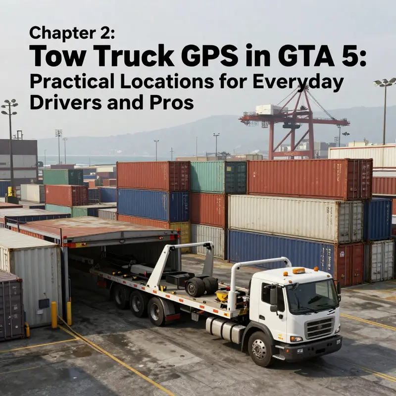 Tow truck stationed near the Los Santos International Airport, a reliable primary spawn point in La Puerta.