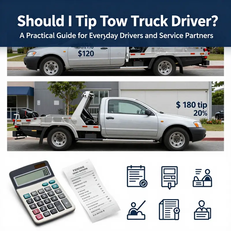 Etiquette cues and tipping norms unfold during a roadside tow interaction.