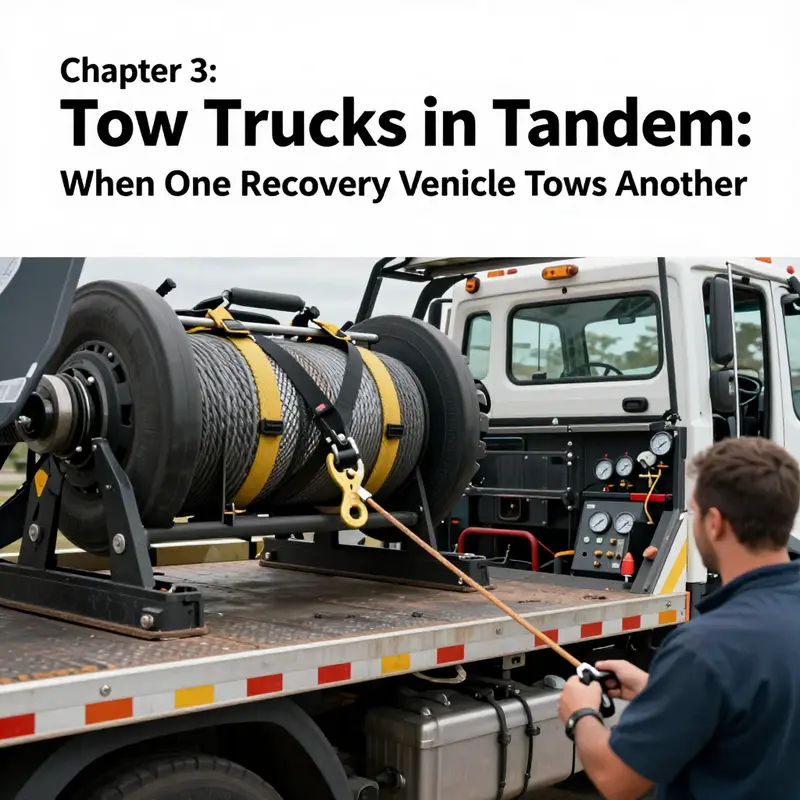 A tow truck engages a disabled companion in a controlled shop setting, illustrating safety protocols and readiness checks.
