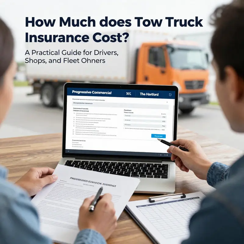 Tow truck insurance cost ranges and baseline coverage illustrated with documents and a pricing scale.