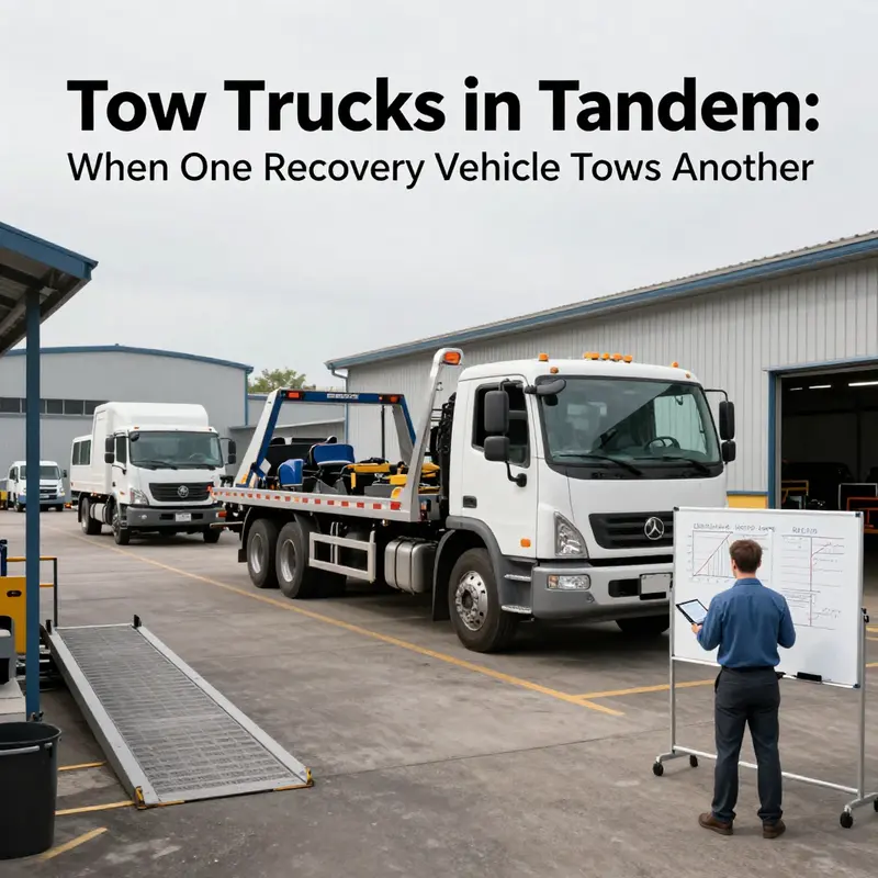 A tow truck engages a disabled companion in a controlled shop setting, illustrating safety protocols and readiness checks.