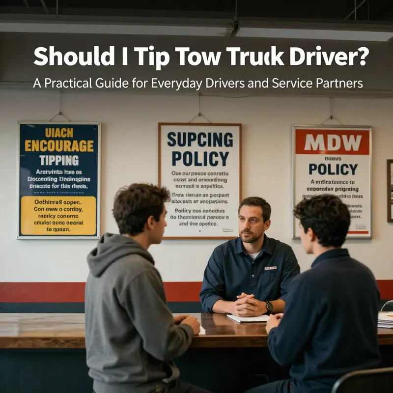 Etiquette cues and tipping norms unfold during a roadside tow interaction.