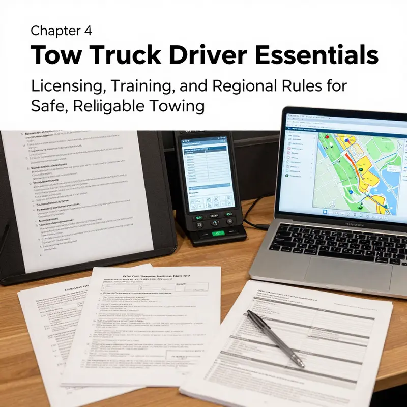 Tow operator demonstrates licensing, certification, and training credentials in a well-equipped workshop.