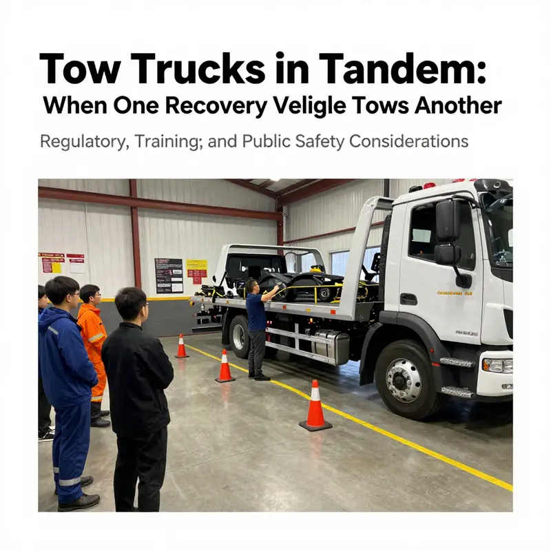 A tow truck engages a disabled companion in a controlled shop setting, illustrating safety protocols and readiness checks.