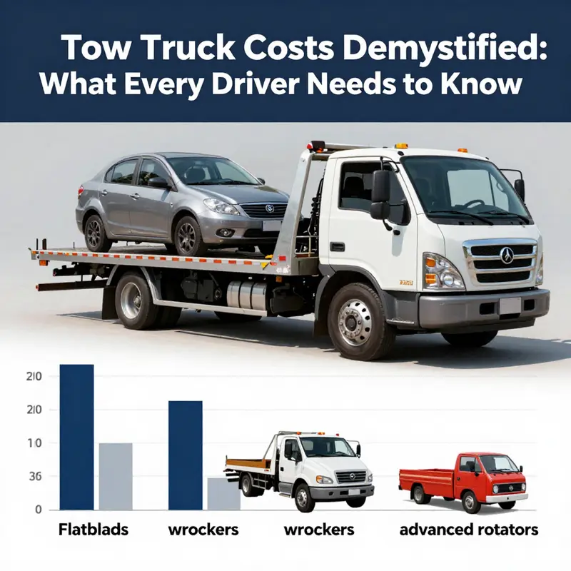 Different tow truck models displayed in a dealership, highlighting the range of prices based on their specifications.