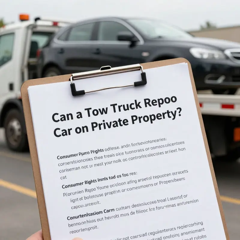 A tow truck poised to repossess a car from a private driveway, illustrating the complexities of private property vehicle repossession.