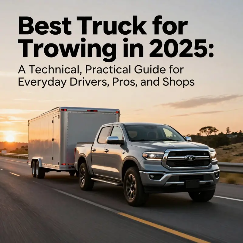 Photorealistic cover image of a pickup truck towing a trailer on a highway at sunset.