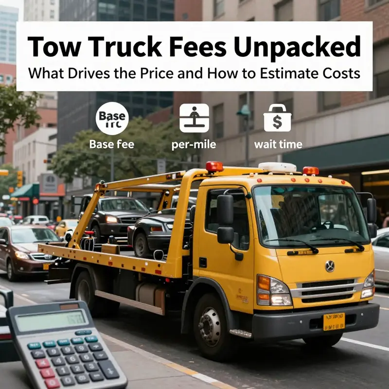 Tow trucks and pricing icons illustrating the factors that drive tow costs.