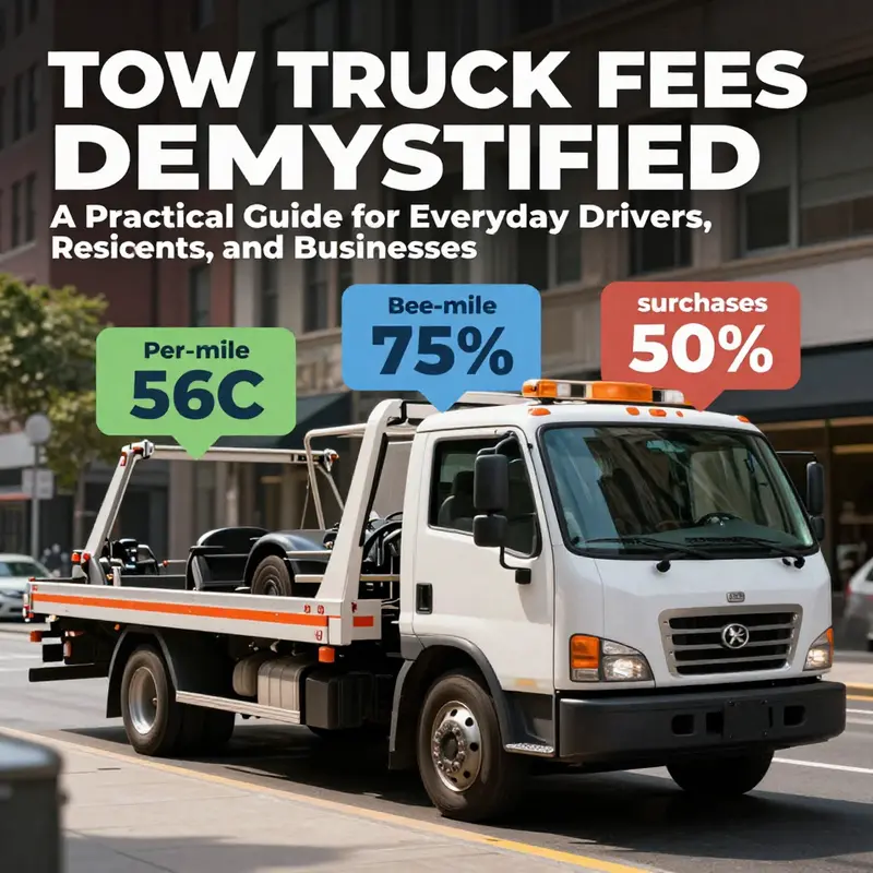 Tow truck by the curb with floating pricing visuals representing tow fees.