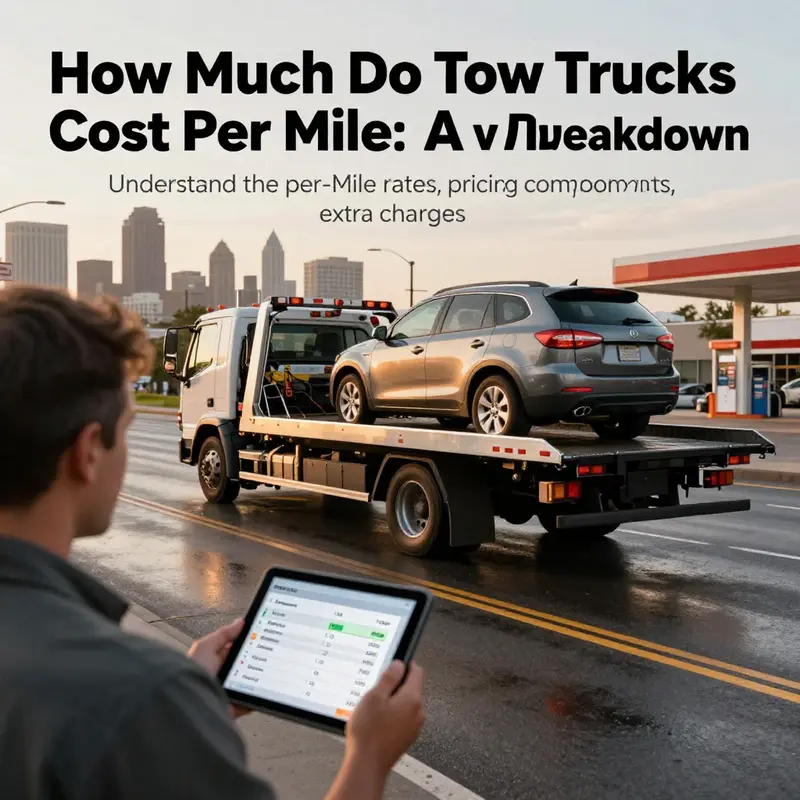 Flatbed tow truck with an SUV at golden hour; operator reviews a tablet showing a rate breakdown, representing towing cost per mile considerations.