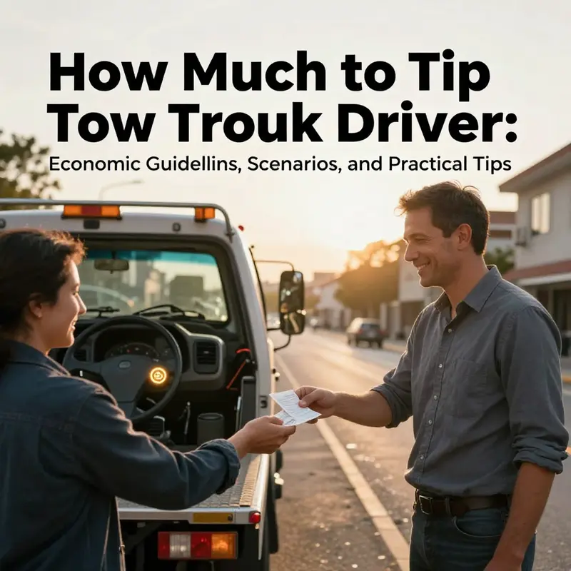 Tow truck driver and motorist on a city street at golden hour, with tipping cues emphasized.