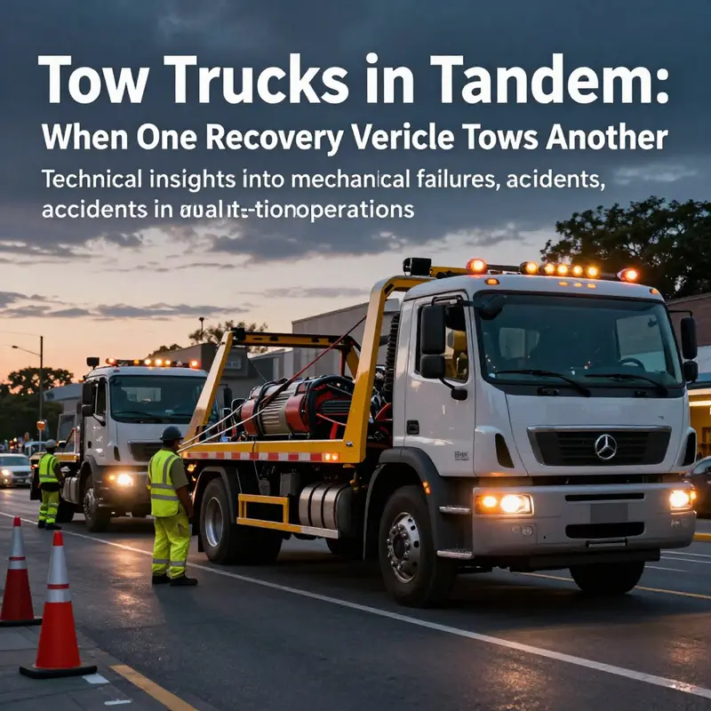 Photo-realistic cover image showing a tow truck towing another tow truck on a roadside, with safety gear and traffic control.
