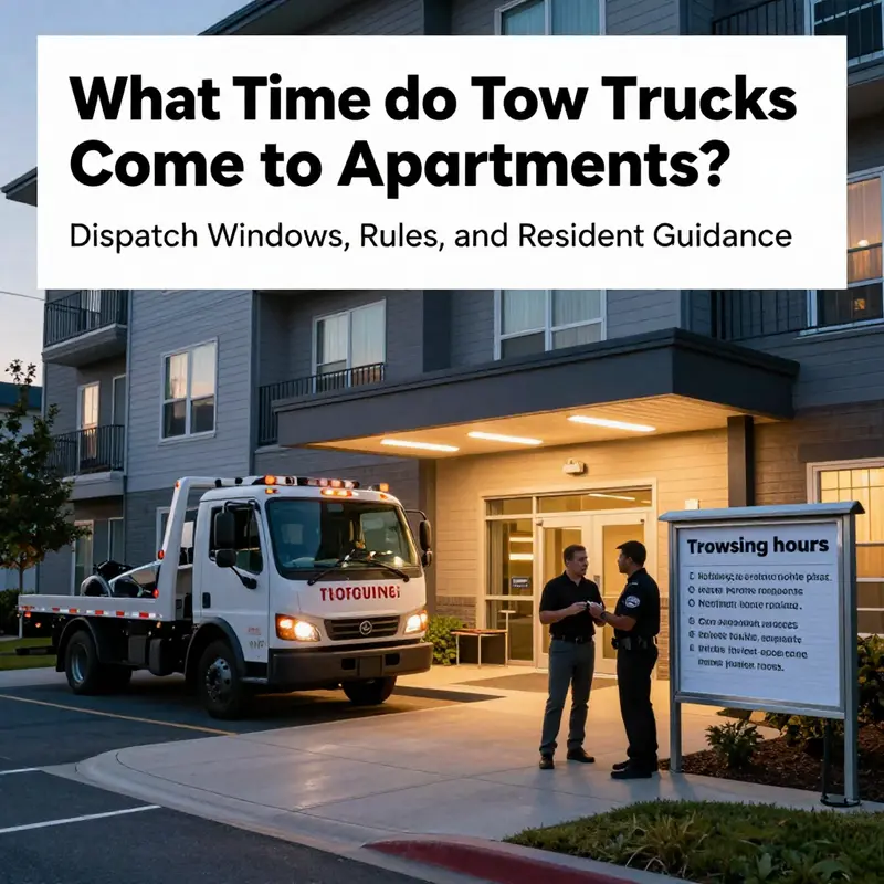 Tow truck beside an apartment building at dusk with policy signage and resident interaction, representing dispatch timing and enforcement.