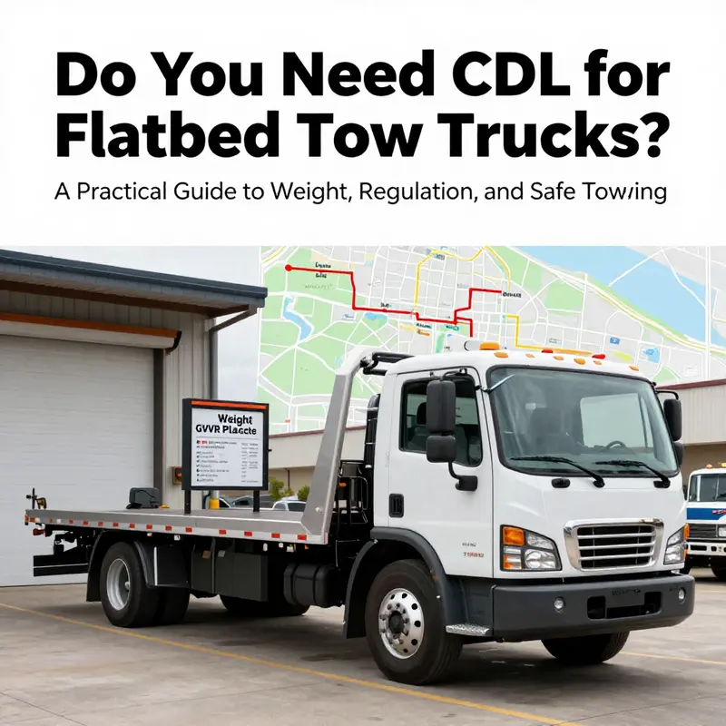 Realistic cover image of a flatbed tow truck with regulatory planning visuals.