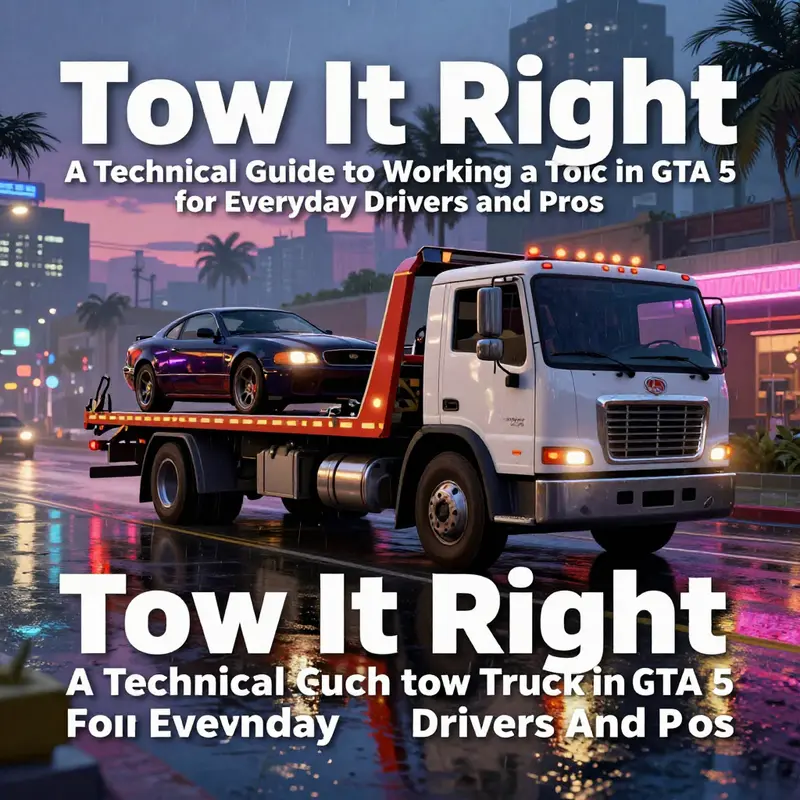 Photo-realistic cover image of a tow truck hooking a car on a neon-lit street in Los Santos at dusk.