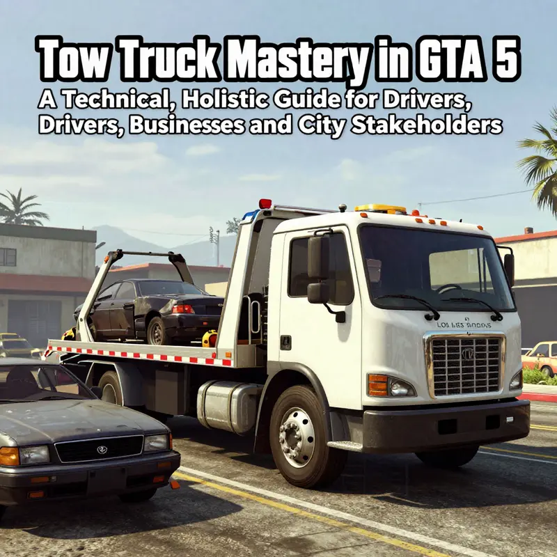 Photo-realistic cover image of a GTA 5 tow truck on a city street ready to help.