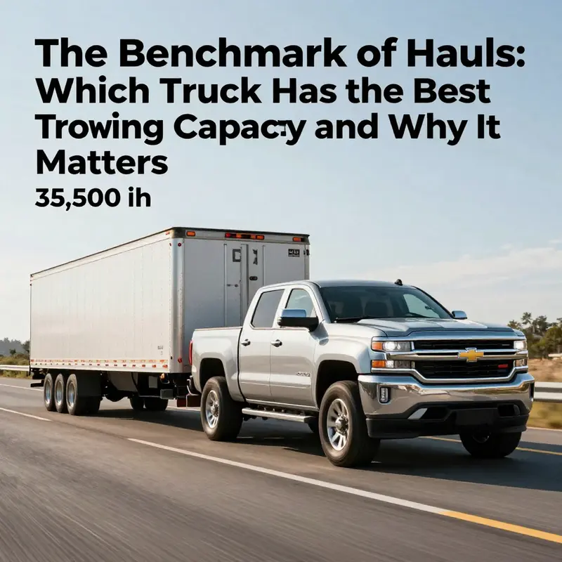 Photo-realistic cover image of a Silverado 3500 HD towing a large trailer on a highway, symbolizing top towing capacity.