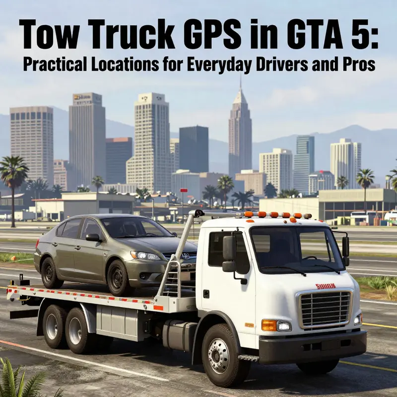 Cover image showing a tow truck in a GTA 5 environment with an airport and industrial backdrop.
