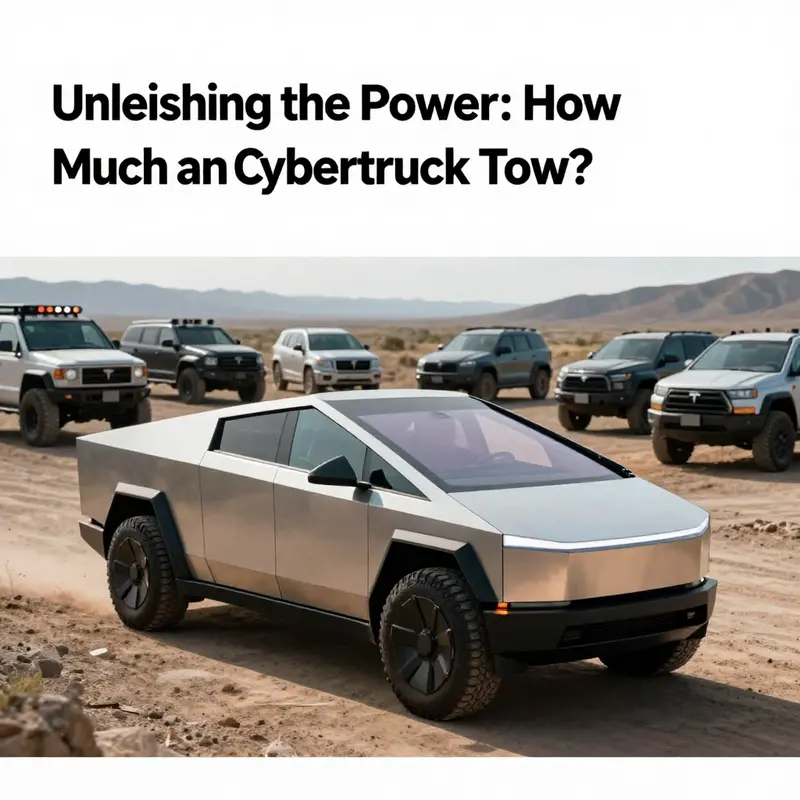 A Tesla Cybertruck in a futuristic setting surrounded by other heavy-duty vehicles, emphasizing its towing prowess.