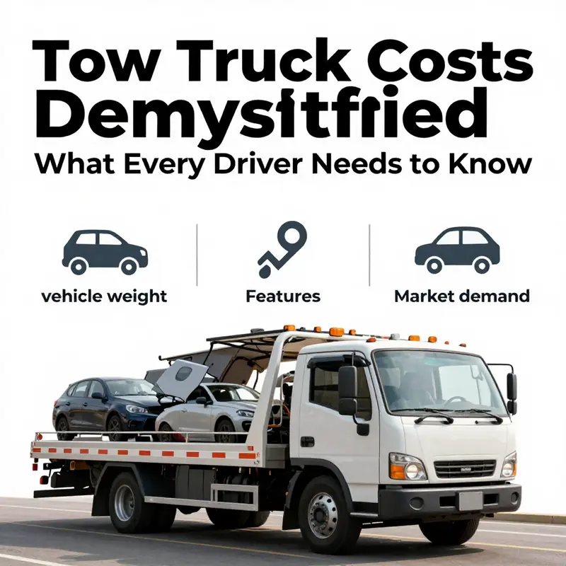 Different tow truck models displayed in a dealership, highlighting the range of prices based on their specifications.