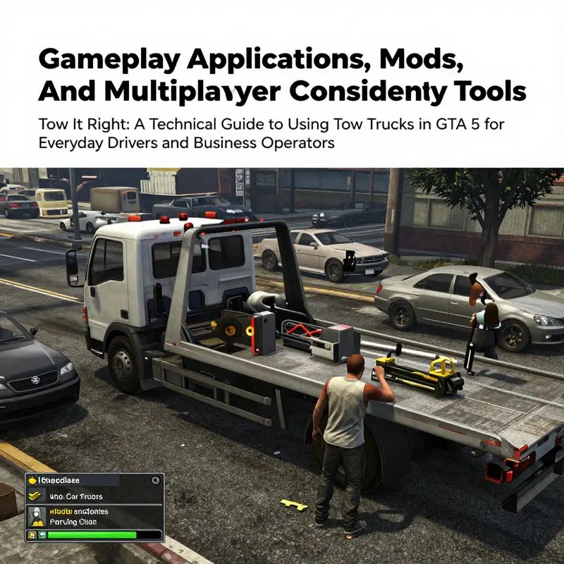 Tow truck acquiring a vehicle in a Los Santos backlot setup, ready for secure towing.