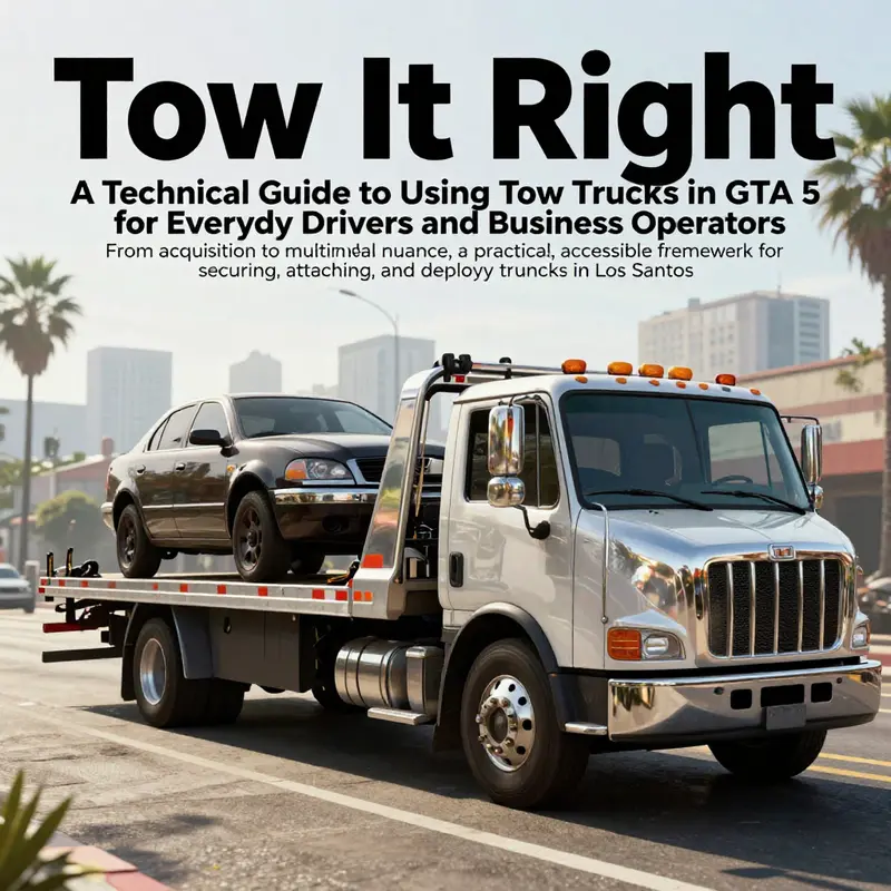 Photo-realistic GTA 5 tow truck in action on a bright Los Santos street with a towed vehicle.