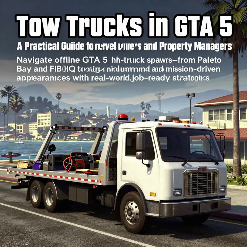 Photo-realistic cover image of a GTA 5 tow truck in Paleto Bay with urban and mission context.