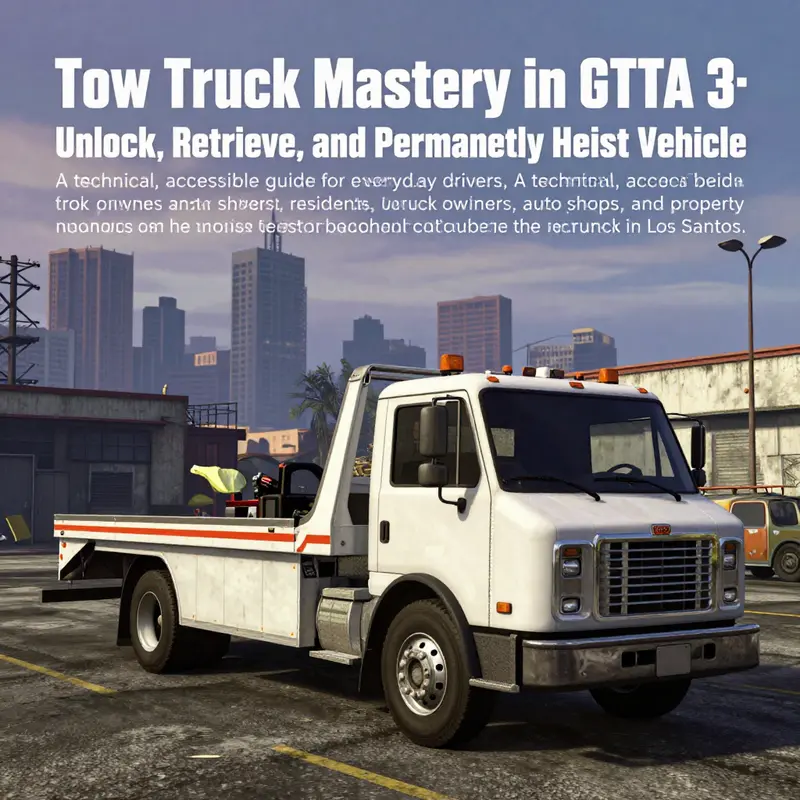 Photo-realistic cover image of a GTA V tow truck in an industrial lot near Chinatown's FIB area at dusk.