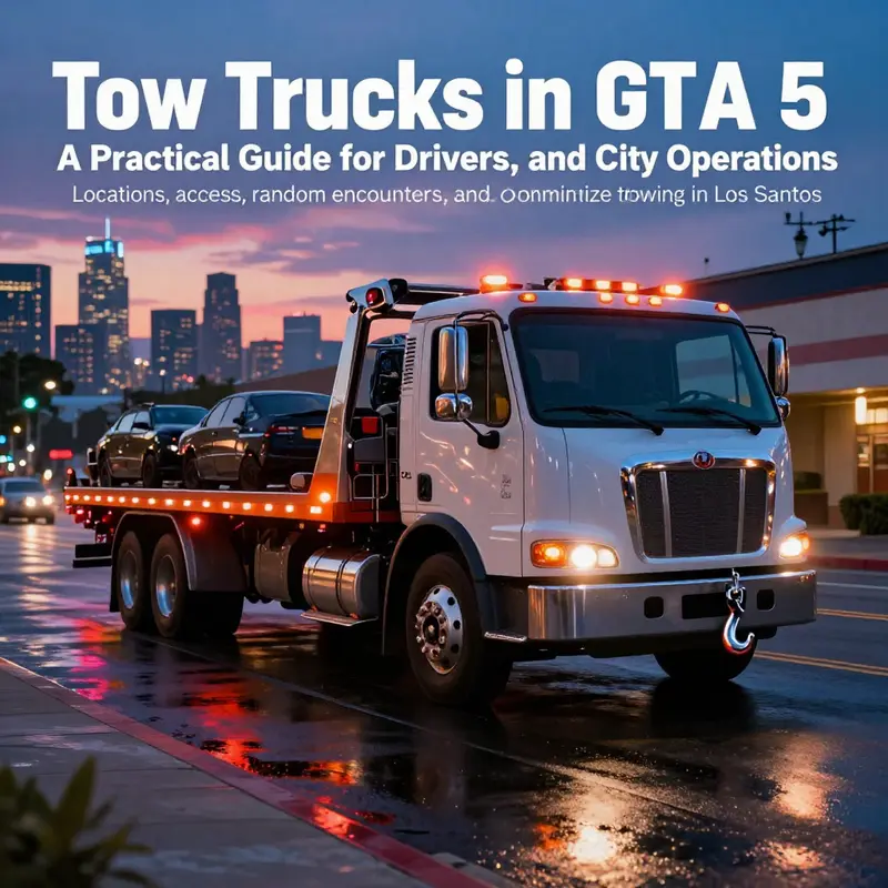 Realistic tow truck in Los Santos at dusk with city skyline in the background.