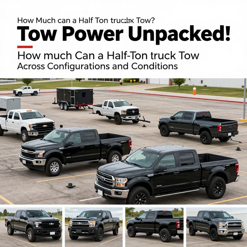 Diagram of towing capacity determinants for half-ton pickups, highlighting engine, drivetrain, hitch, and braking factors.