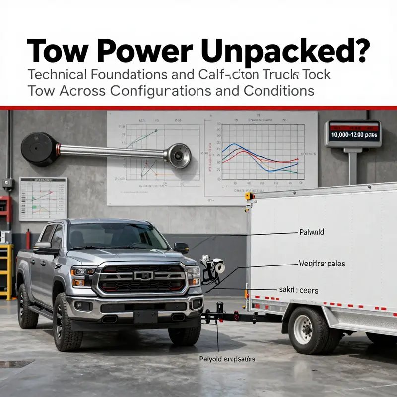 Diagram of towing capacity determinants for half-ton pickups, highlighting engine, drivetrain, hitch, and braking factors.