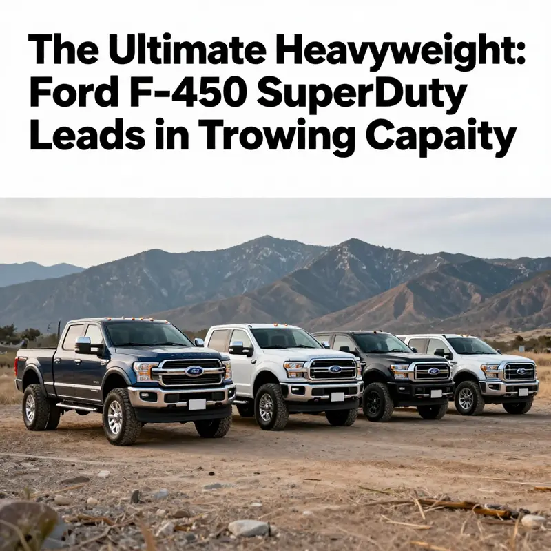 Lineup of various heavy-duty trucks parked against a scenic mountainous background, illustrating their towing prowess.