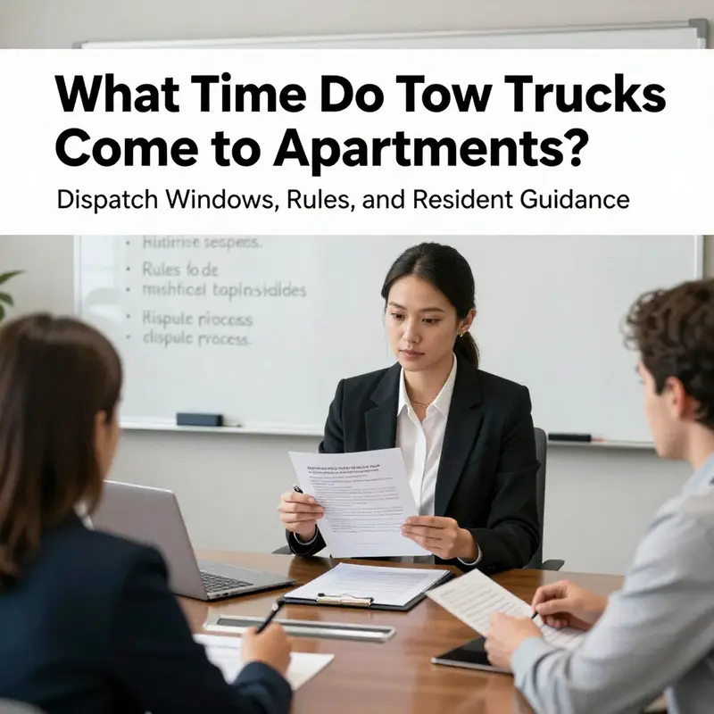 Tow dispatch typically occurs within defined weekday windows at apartment complexes.