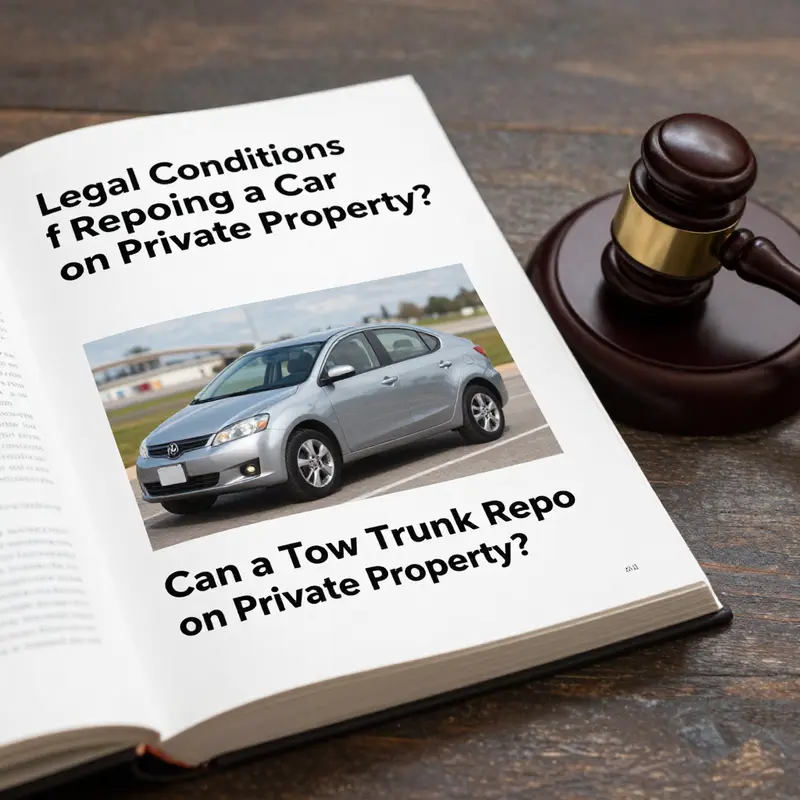 A tow truck poised to repossess a car from a private driveway, illustrating the complexities of private property vehicle repossession.