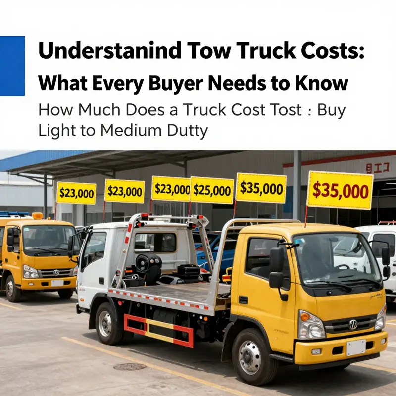 Light to medium-duty tow trucks on display, highlighting their price ranges and features.