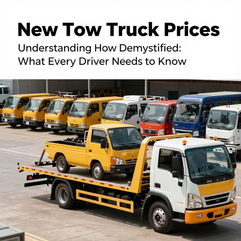 Different tow truck models displayed in a dealership, highlighting the range of prices based on their specifications.