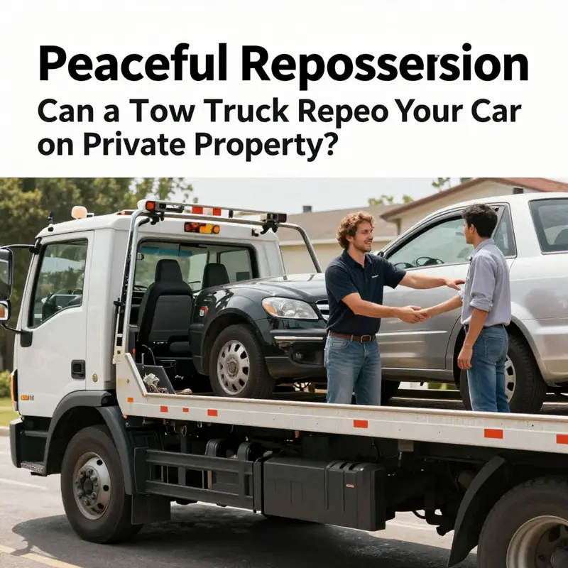 A tow truck poised to repossess a car from a private driveway, illustrating the complexities of private property vehicle repossession.