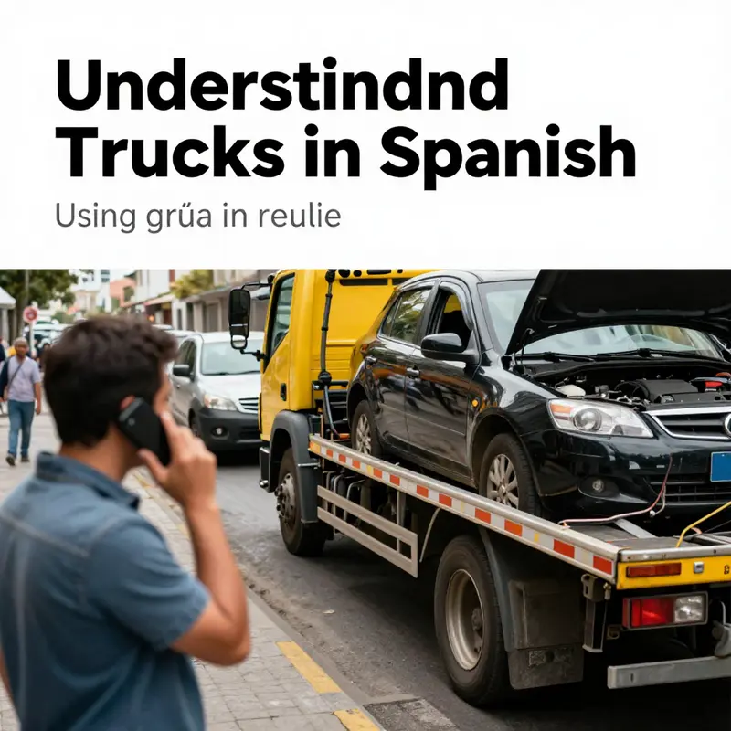 A tow truck labeled ‘grúa’, symbolizing the standard term used in Spanish for towing services.