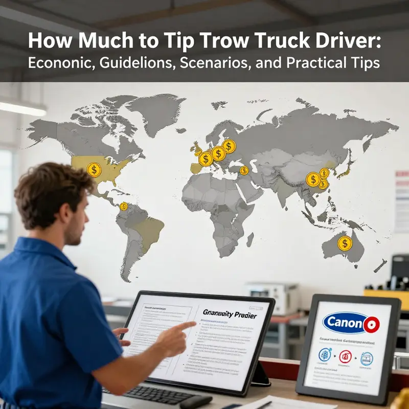 Tow truck operator reviews the bill with a motorist, illustrating typical tipping ranges.